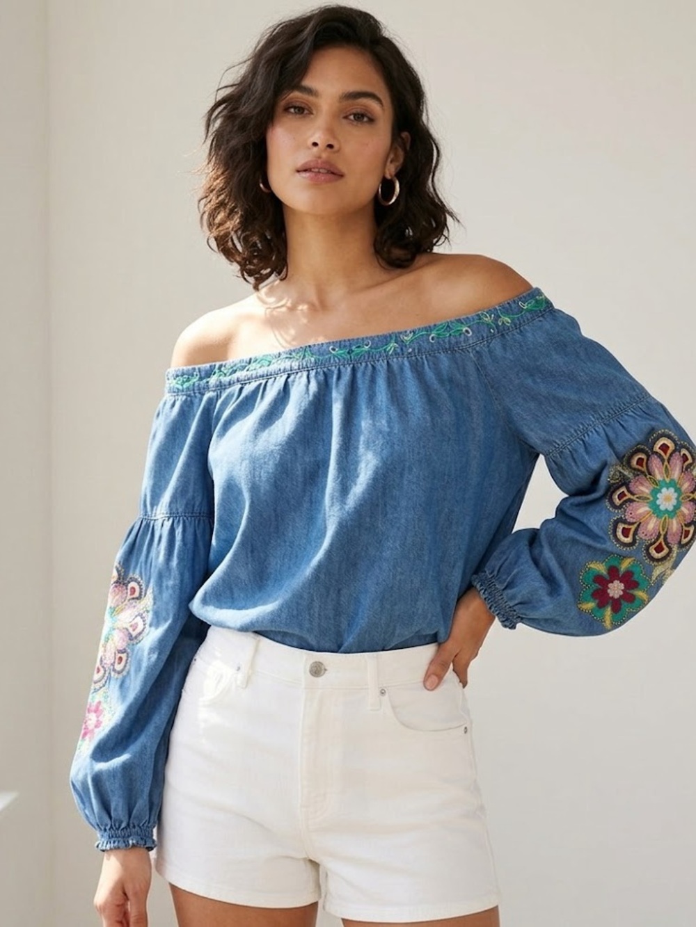 Ban Jara Chambray off shoulder Embroidered Boho  Blouse
